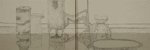 Juliet Scott, Still Life, 2016, Silverpoint on acrylic ground, 10 x 29.5cm